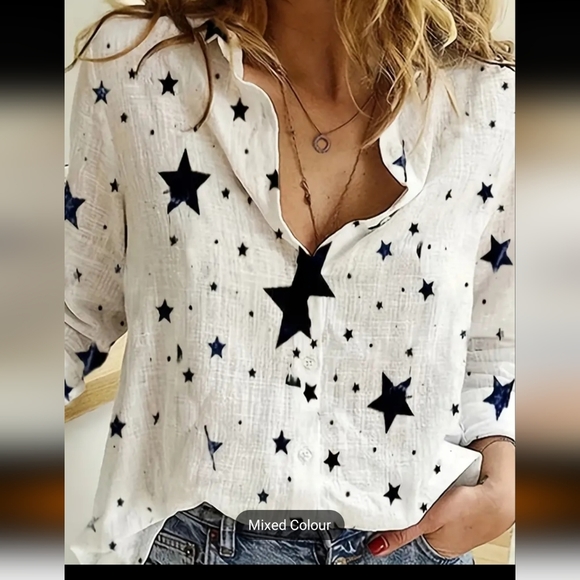 STARS Print Blouse, Casual Button Front Long Sleeve Blouse, Women's Clot… - Picture 1 of 4